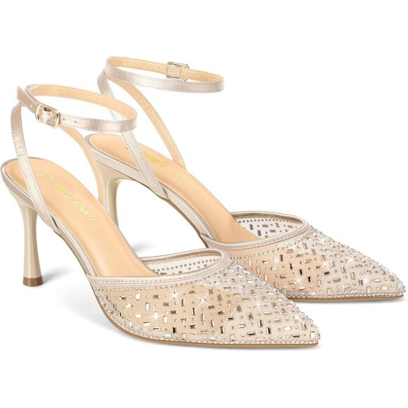 Women's Tan Mesh Sparkly Rhinestones Cienna High Heels Stiletto Pumps Shoes - Picture 2 of 6